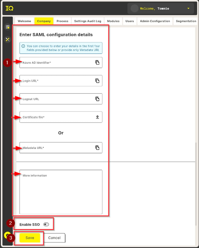 enter SAML configuration details